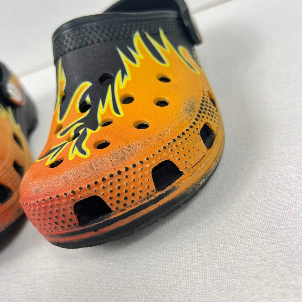 GUC Crocs Classic Flame Clogs Black Orange Fire Print Shoes Toddler Size 12
